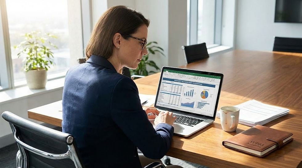 a professional property manager sitting at a modern office desk, reviewing property management accounting reports on a laptop