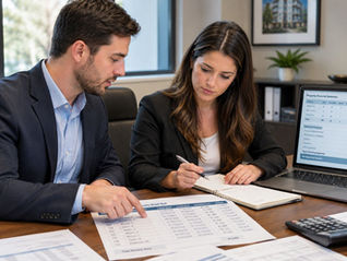 Property manager and accountant reviewing a property management rent roll for accuracy.