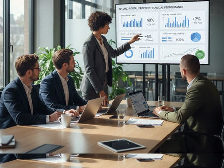 Property managers reviewing rental property performance charts and financial dashboards in a modern office.