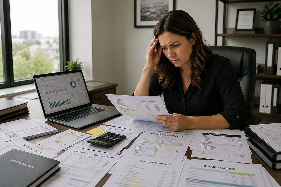 Property owner reviewing inconsistent financial reports and owner statements, illustrating blind spots caused by poor reporting of tenant turnover costs.