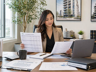 Property management accountant reviewing accrual adjustments before preparing accurate financial reports.