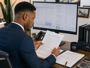 Property management accountant reviewing financial control documents and reconciliation reports to protect accurate financial reporting.
