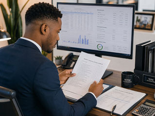 Property management accountant reviewing financial control documents and reconciliation reports to protect accurate financial reporting.