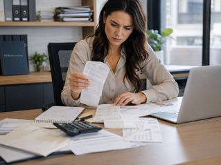 A female property manager reviewing financial documents at a desk, looking concerned while checking rental records, invoices, and spreadsheets, representing recordkeeping mistakes in property management accounting.