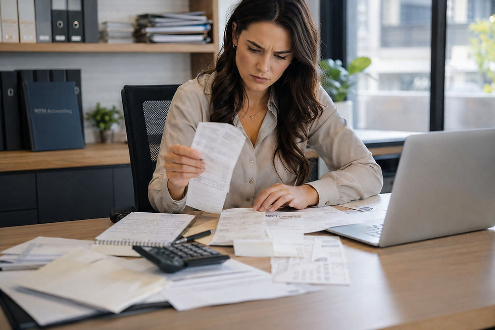 A female property manager reviewing financial documents at a desk, looking concerned while checking rental records, invoices, and spreadsheets, representing recordkeeping mistakes in property management accounting.