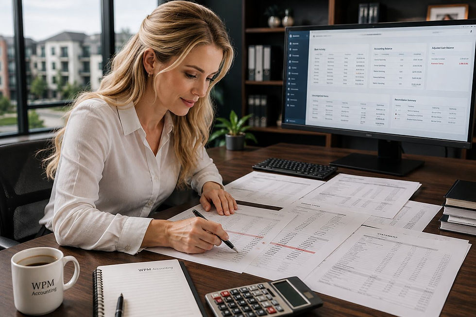 Property management accountant reviewing bank and accounting records to identify an adjusted cash balance discrepancy.