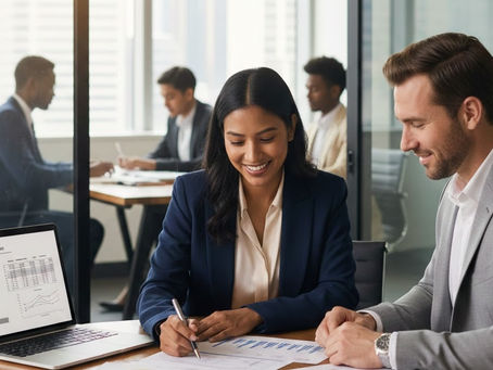 Female and male rental property investors reviewing financial documents and spreadsheets with a lender in a modern office, illustrating bad credit investment property loan evaluation.