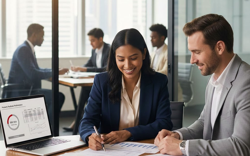Female and male rental property investors reviewing financial documents and spreadsheets with a lender in a modern office, illustrating bad credit investment property loan evaluation.