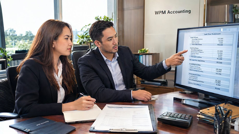 Property manager and accountant reviewing a property management cash flow statement showing cash inflows, outflows, and ending cash balance.