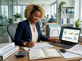 A black female professional property manager reviewing trust accounting records in a modern office. 