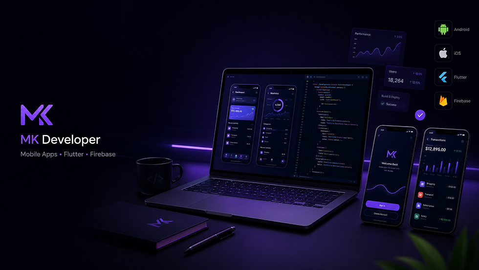 MK Developer workspace displaying Android and iOS mobile app interfaces