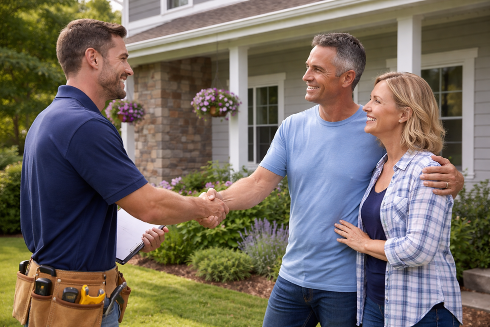 Happy homeowners standing outside their dry, healthy home with their Alder Homes Builder, reflecting confidence in a well-constructed house designed to manage moisture and perform long-term. Auckland Builder