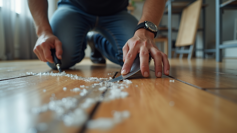Close-up view of a technician inspecting water damage on a wooden floor