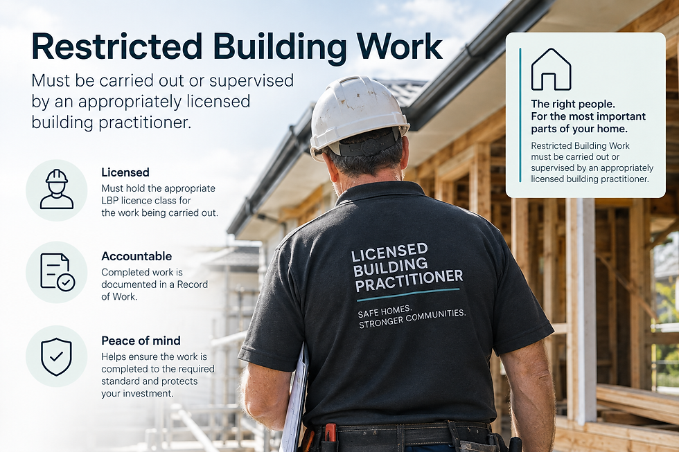 Licensed Building Practitioner carrying out Restricted Building Work on a residential construction project in New Zealand.