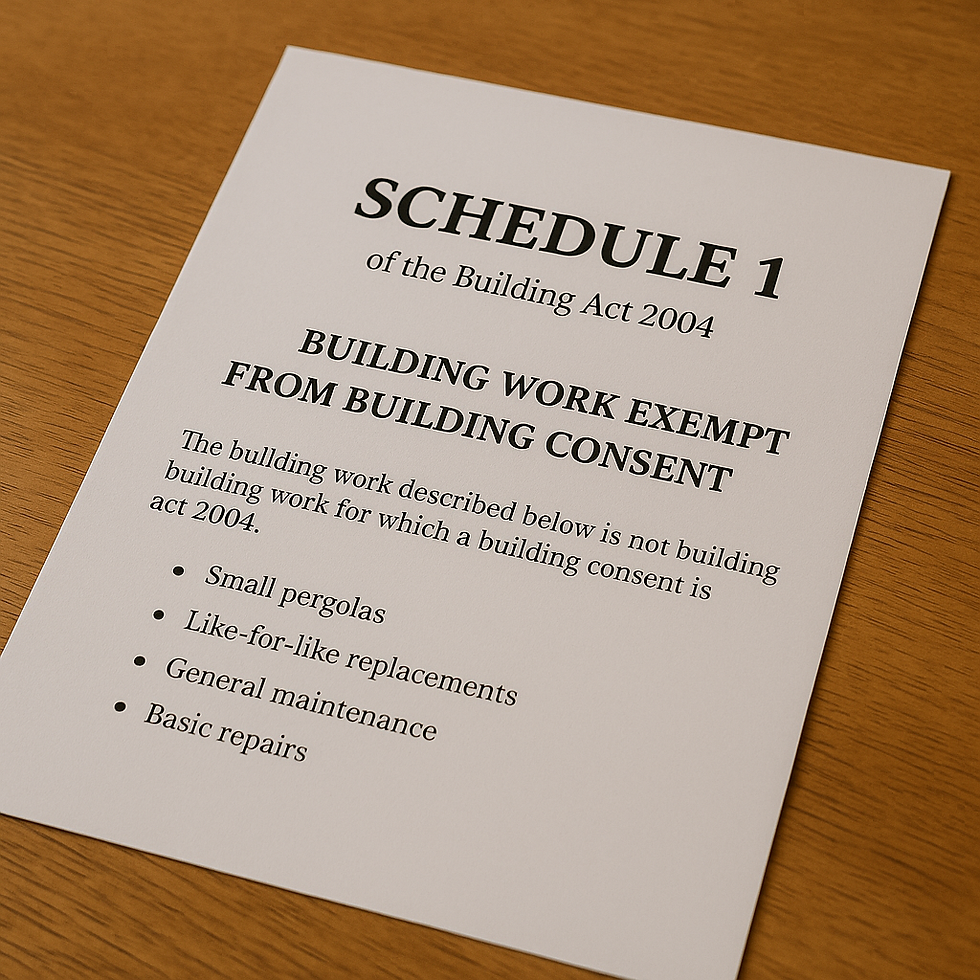 Do You Need a Licensed Building Practitioner in NZ? Document titled "Schedule 1 of the Building Act 2004" on a wooden table. Lists building work exempt from consent, like small pergolas and repairs.