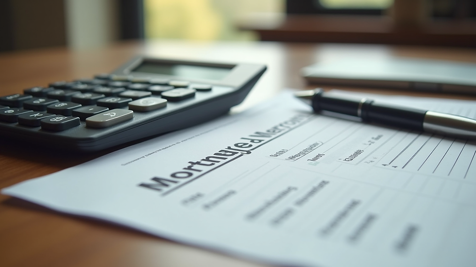 Close-up view of a mortgage agreement and calculator on a wooden table