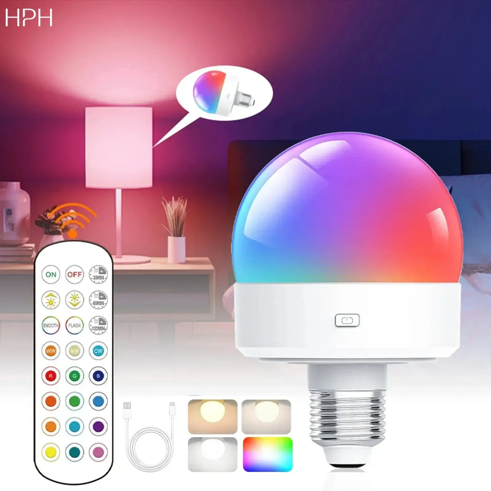 Rechargeable LED Light Bulb With Remote Control and Timer E27 Base
