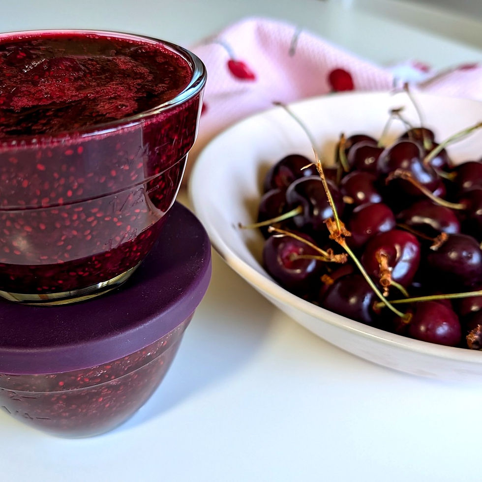 No-sugar cherry chia jam in glass bowls with fresh cherries