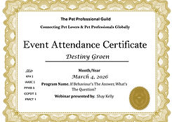 Certificate of Completion to Pet Professional Guild Webinar attended by Destiny Groen at Chesley Hill Cockapoos Cockapoo breeder Massachusetts