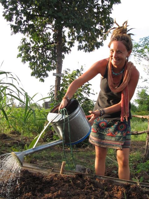 Watering plants at permaculture farm