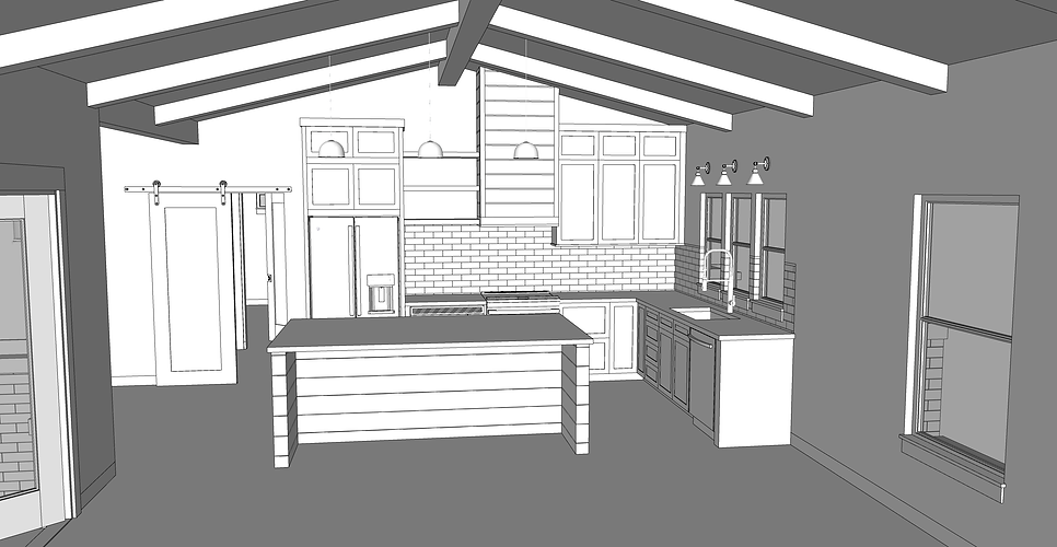 Contemporary farmhouse 3D model interior kitchen perspective