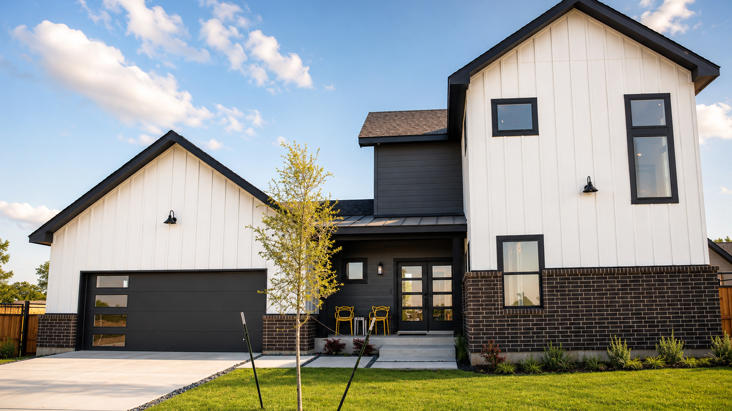 White and black farmhouse front exterior