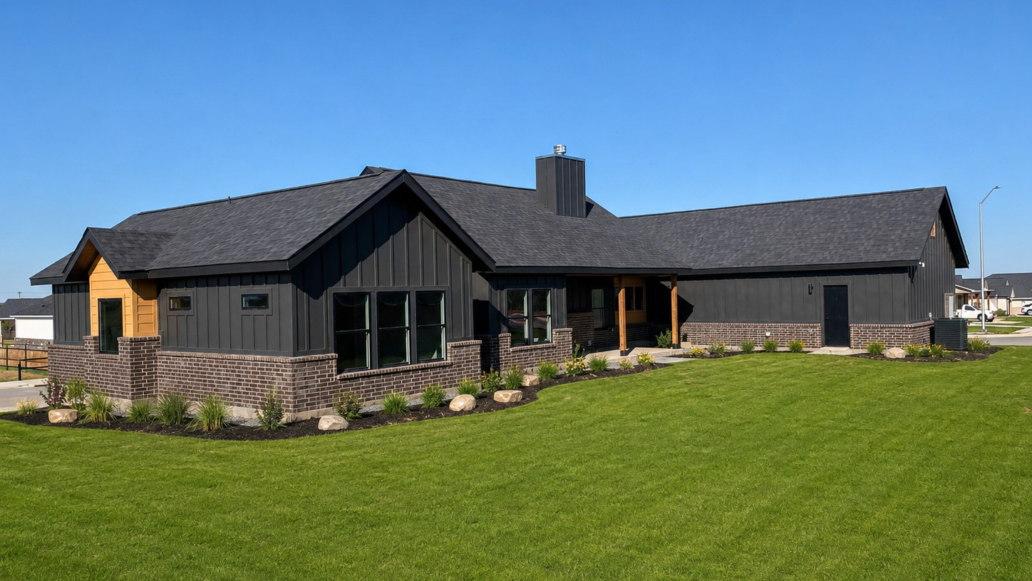 The home was designed and sited for a large expanse of back yard to craft by the homeowners.