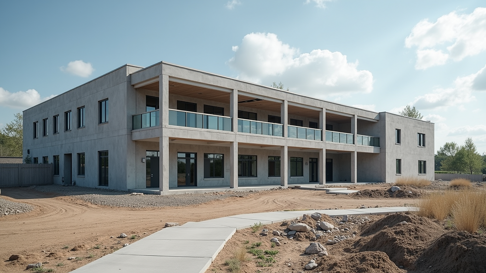 Wide angle view of a modern school building under construction