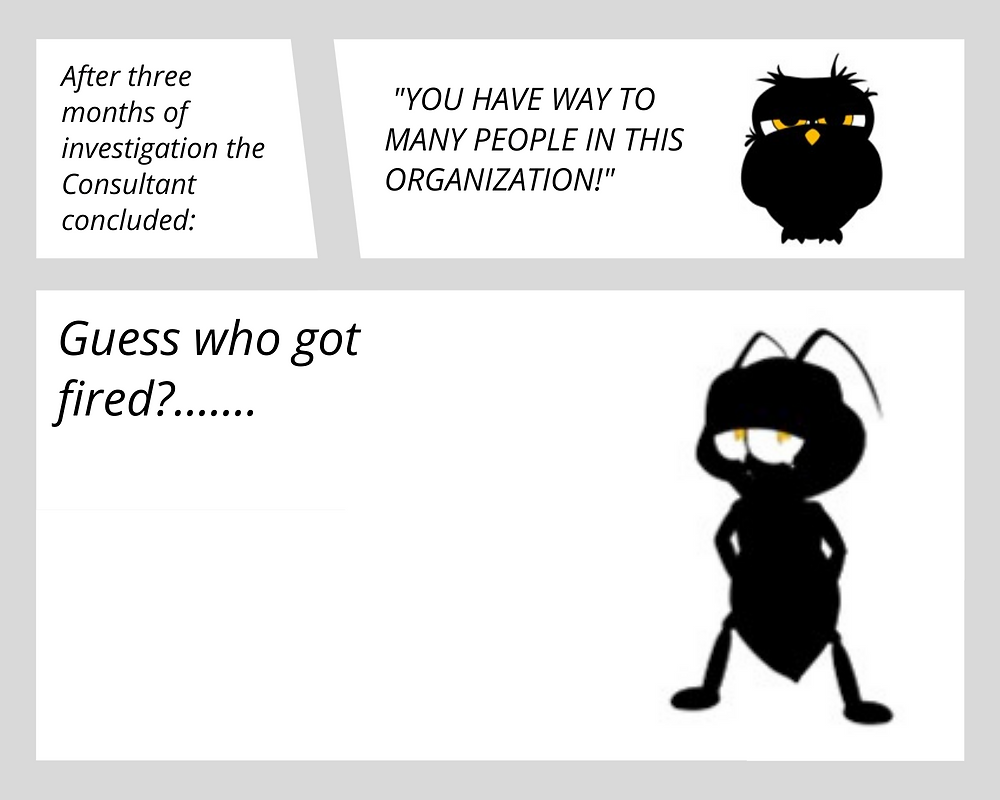 Comic strip part 3 that tells the story of a little ant, factory worker that got sacked for doing what she was told to do!!