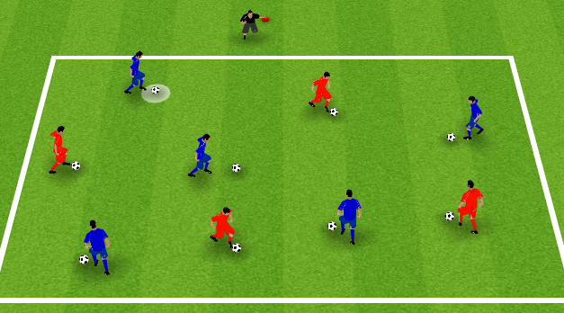 Players dribble through traffic and watch for the coach holding up a cone which indicates a specific task.