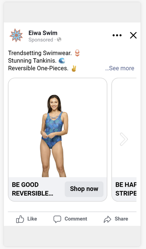 Woman in blue swimsuit, trending swimwear, Meta Ads, shop now, Esea Swim.