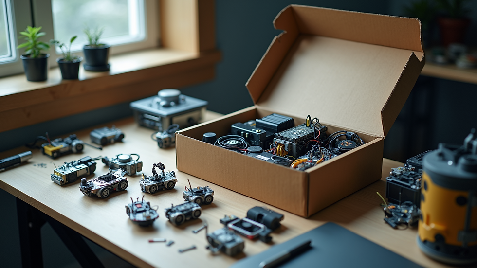 High angle view of a robotics kit box with parts spread out on a desk