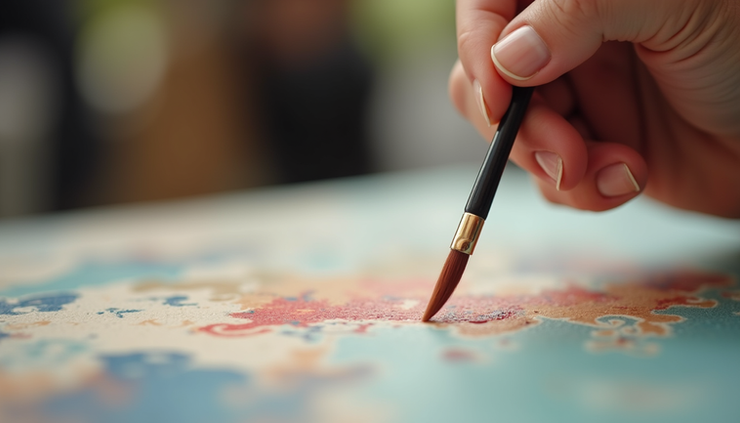 Close-up view of a wedding painter’s brush adding color to a canvas at a reception