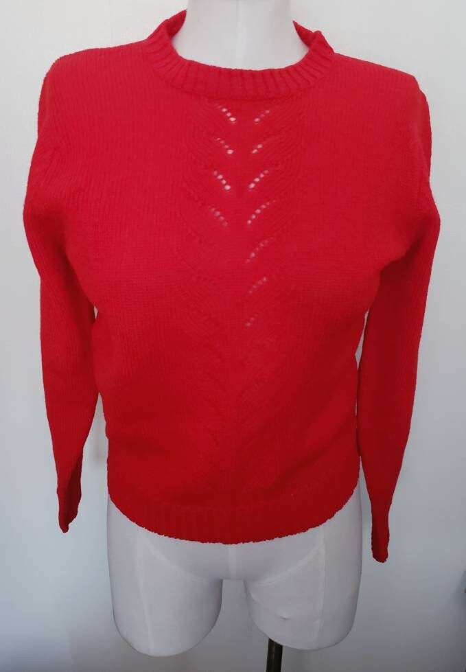 Thumbnail: Vintage 70s Pendleton Virgin Wool Cherry Red Open knit Sweater M