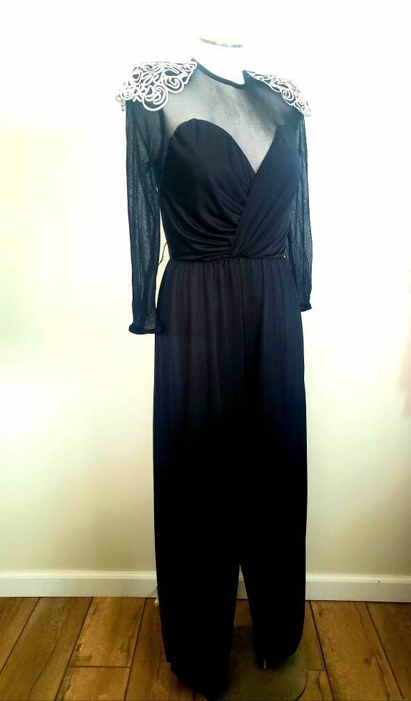 Thumbnail: Vintage 80s Black Illusion Filigree Glam Romper M