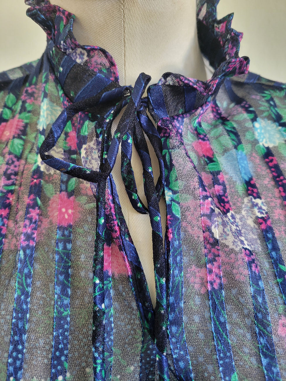 Thumbnail: Vintage 70s Victorian Revival  Sheer Ribbon  Floral Ruffled Neck Midi Dress M