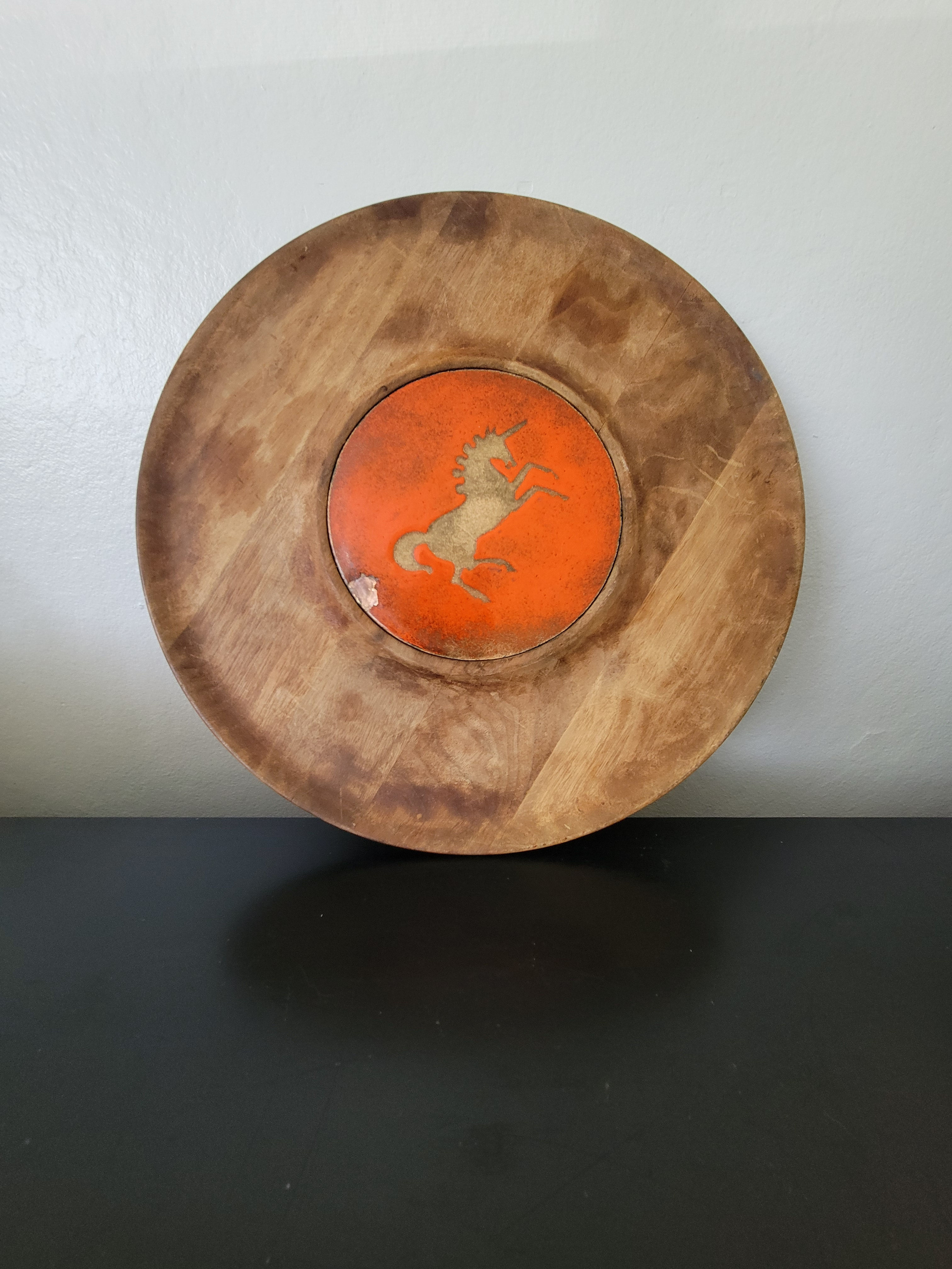 Vintage MCM Copper & Orange Enamel Unicorn Wood Trinket Dish serving Tray