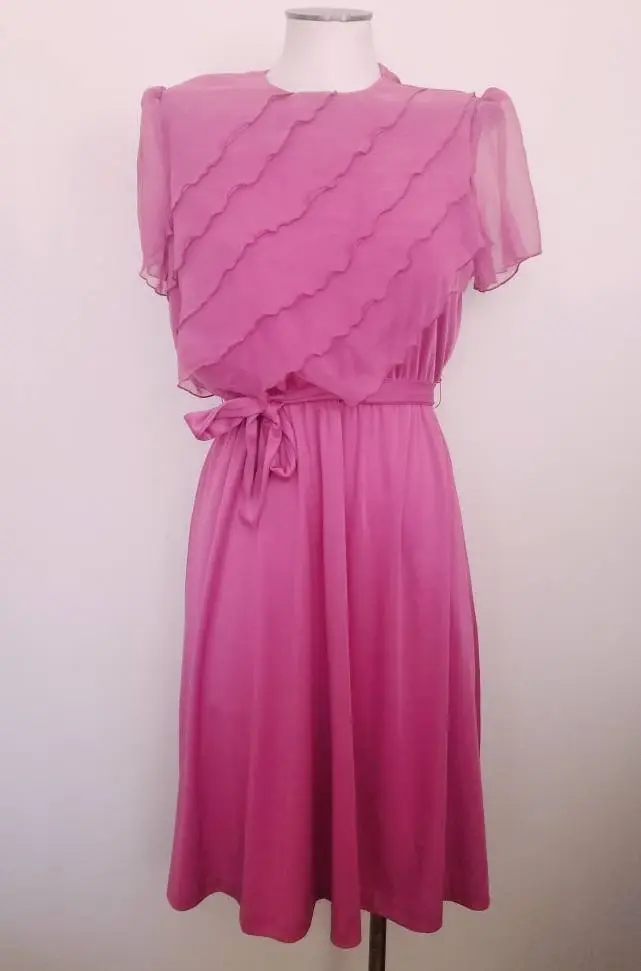 Thumbnail: Vintage 70s 80s Dusty Rose Asymmetrical Ruffled Bib Disco Midi Dress M