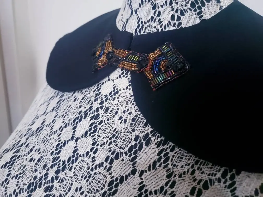 Vintage 40s Iridescent Seed Bead Black Embelleshed Pan Sailor Collar