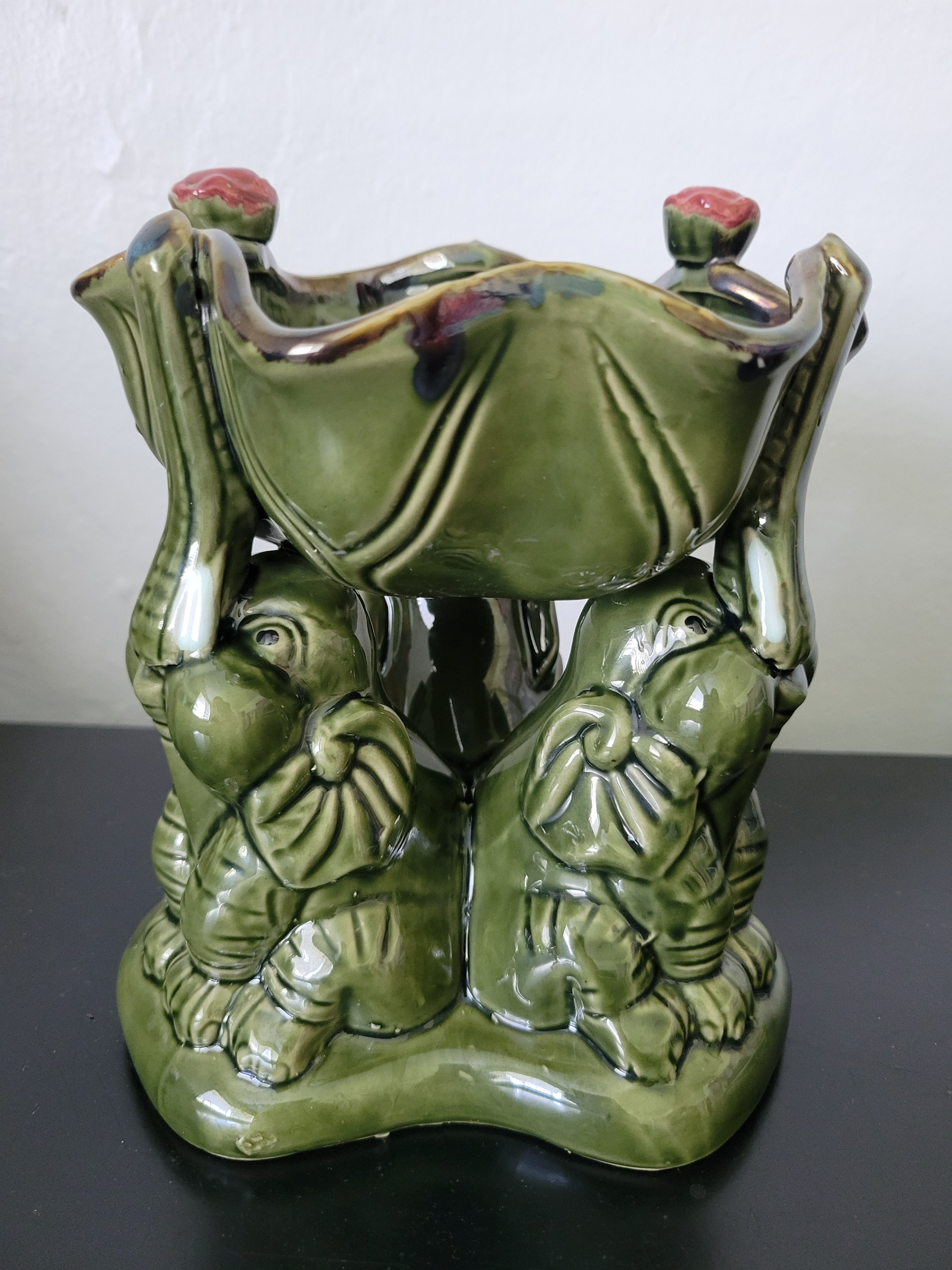 Vintage Glazed Ceramic 3 green Lucky Elephants Pedastal Bowl