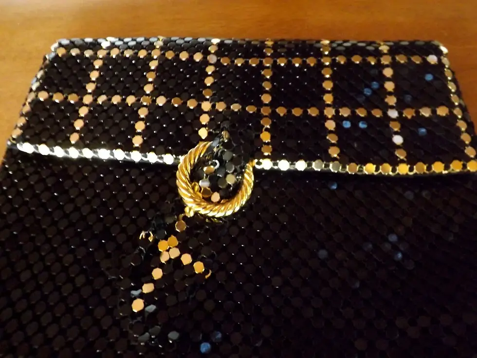 Thumbnail: Vintage 80s Black and Gold Metal Mesh Tassel Envelope Clutch