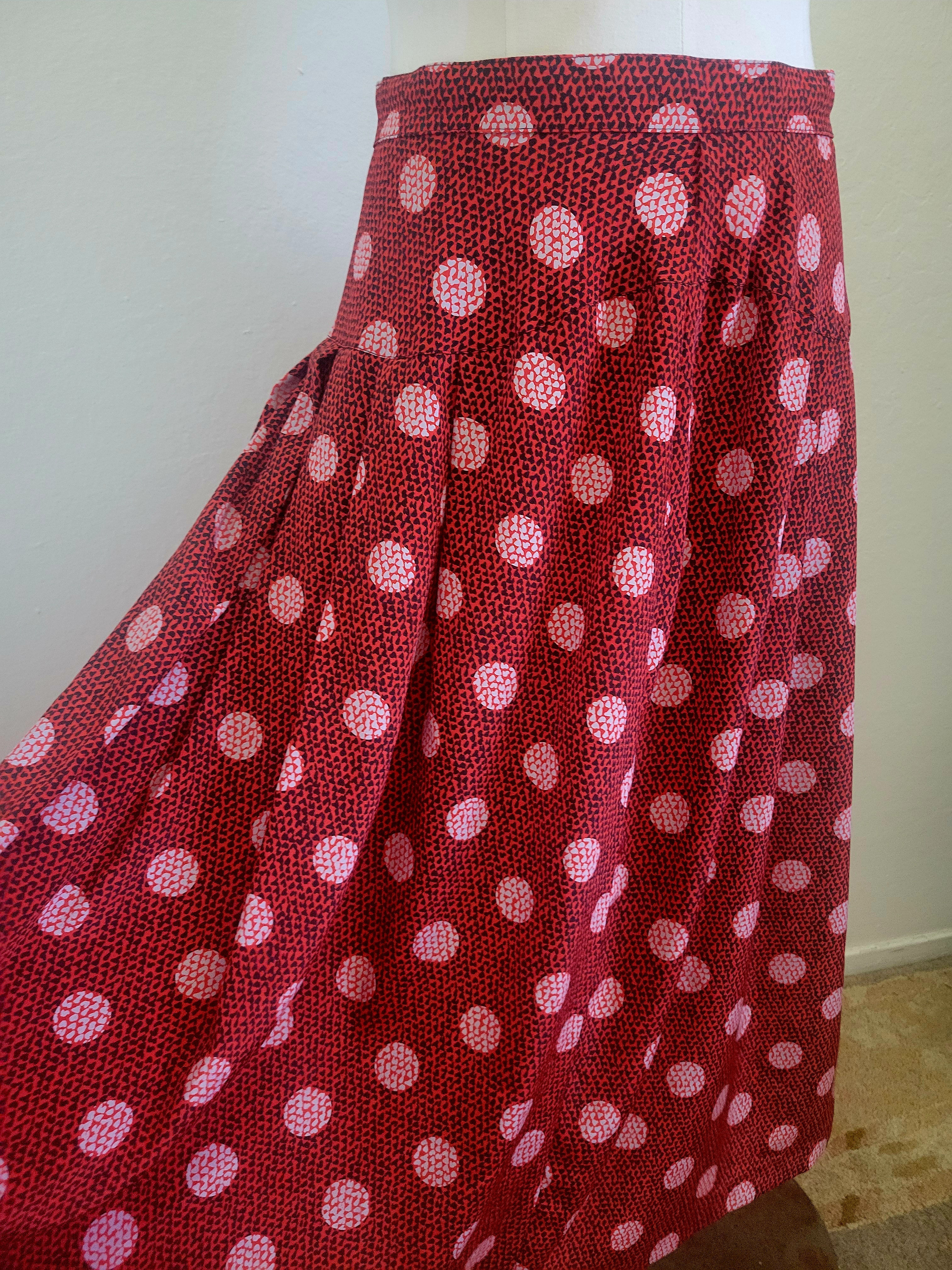 Vintage 80s Red Polkadot Midi Skirt L
