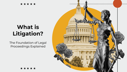 Title: What is Litigation. The Foundation of Legal Proceedings Explained. Visual element is a collage of Lady Justice, Congress, and roses.
