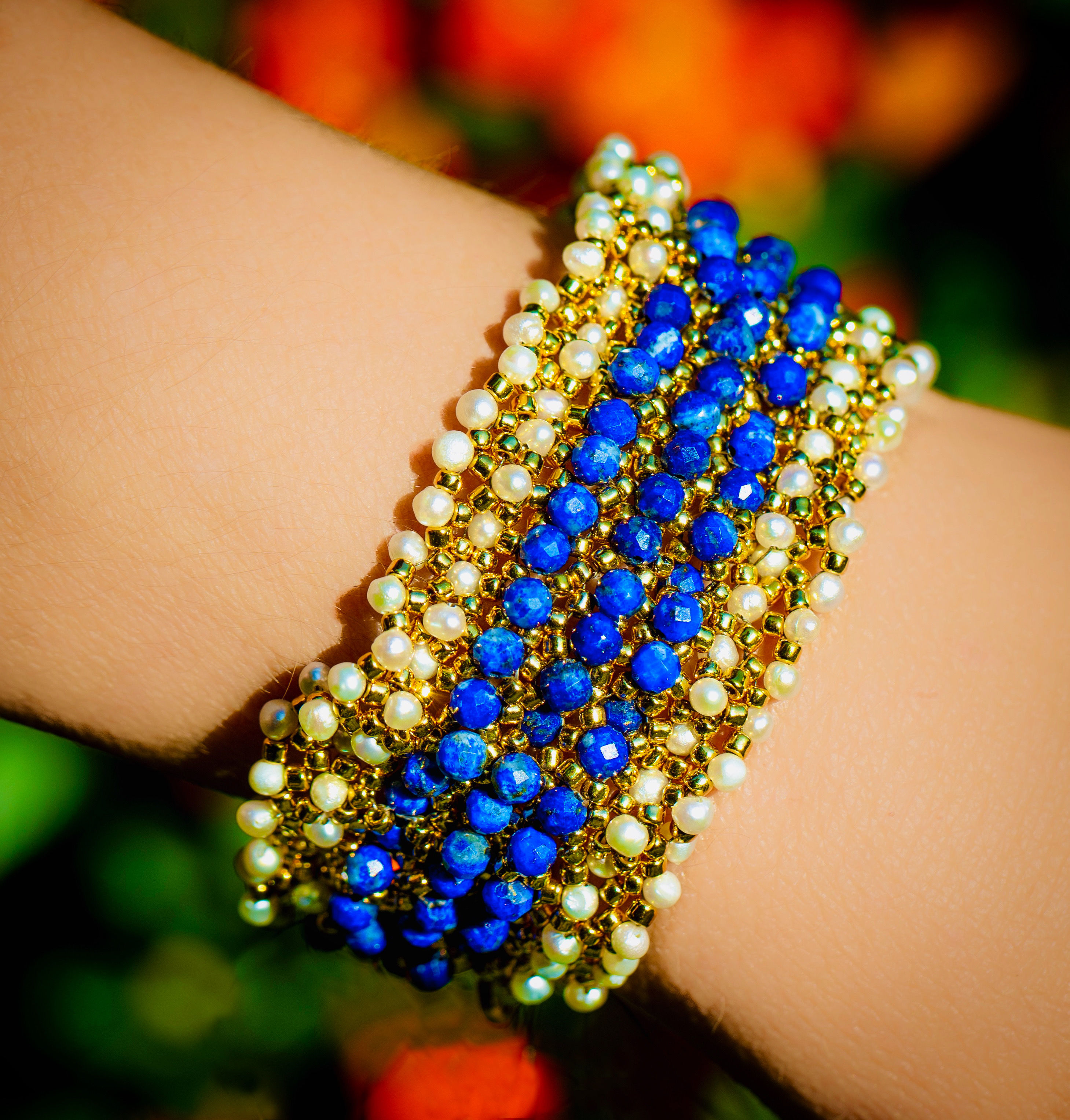 Lapis & Pearl Studded Bracelet