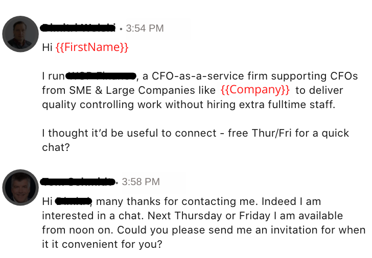 Personalised LinkedIn message example that generates results.