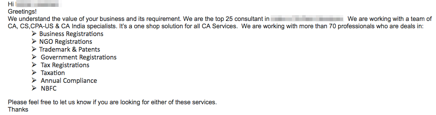 Very bad cold email example focus on them and not on the prospect. Missing call to action.