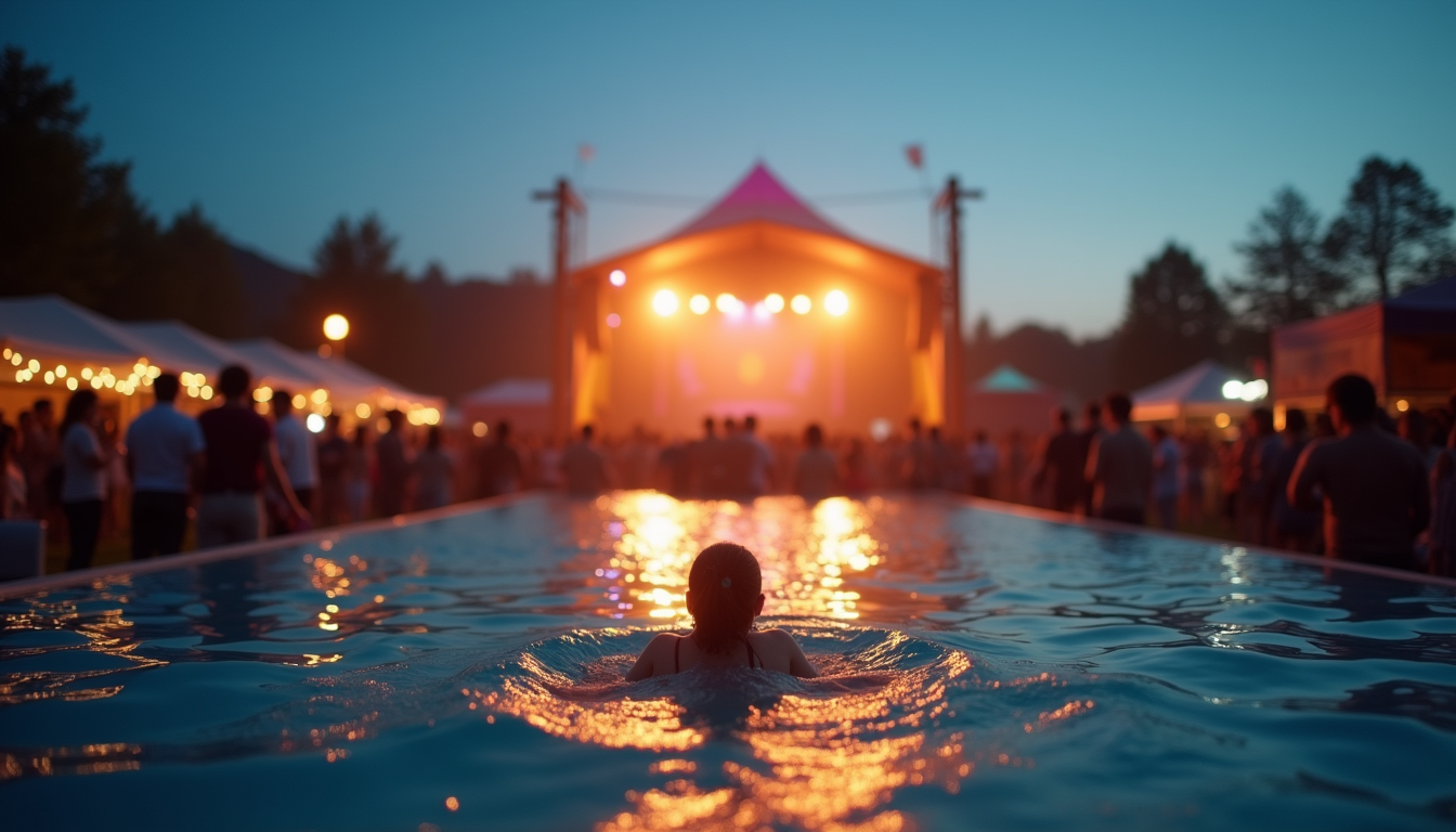 Vue en plongée d'une scène extérieure lors d'un festival en soirée
