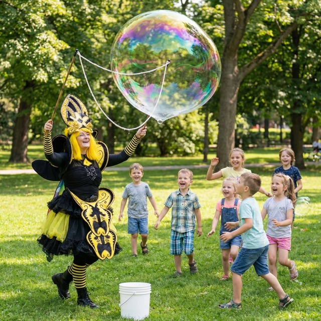 Artiste créant une énorme bulle géante à Montréal lors d’un événement extérieur