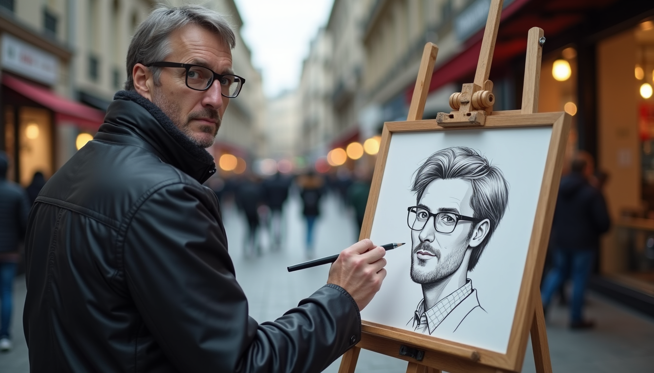 Vue latérale d’un caricaturiste en train de dessiner un portrait lors d’un événement extérieur