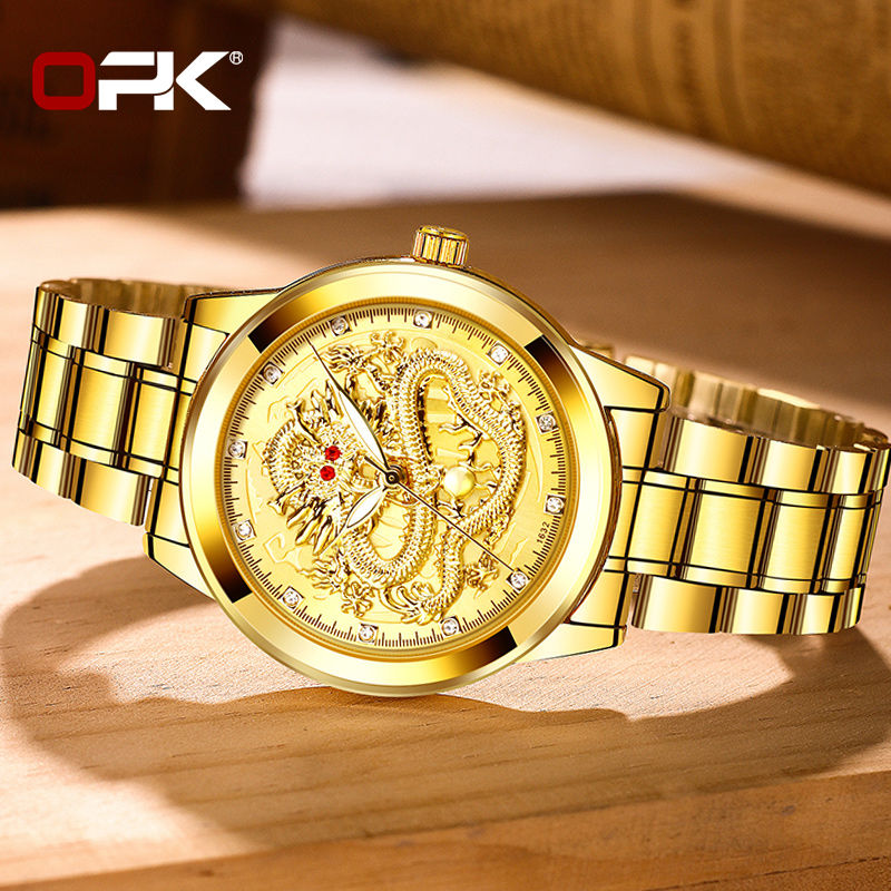 Miniatura: OPK 8111 Mens Watch Gold Original Quartz Watch Stainless Steel Dragon Date Watch